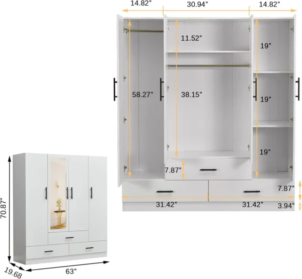 Wooden Wardrobe Closet Armoire White Closet Organizers and High Storage Capacity 4-Door 3 Drawers Shelves Mirror Hanging Rod - Image 3