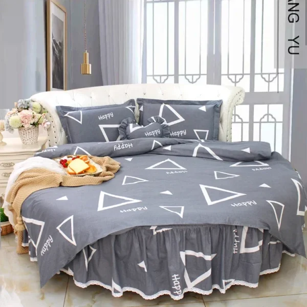Grey Color Geometric Style Ruffle Round Bed Cotton Home Bedding 4pcs Set King Size 2-2.5m Round Bed Dress Comforter Cover Sets - Image 2
