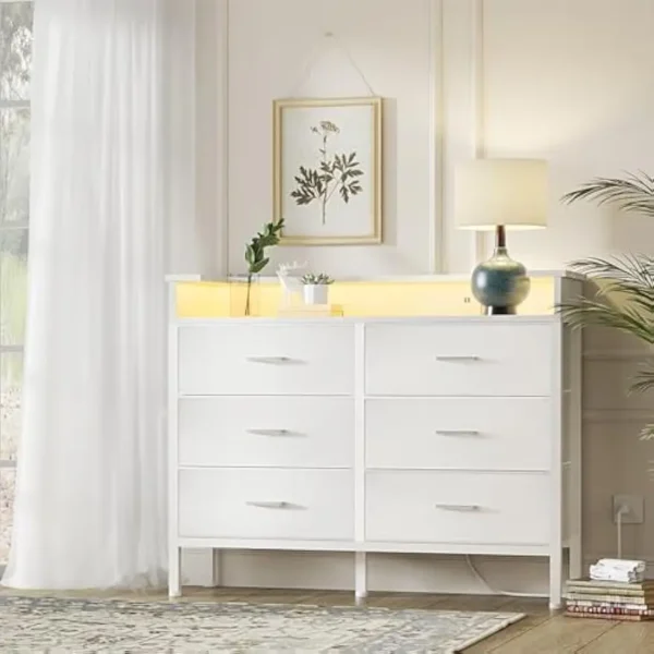 White Dresser with LED Light and Charging Station for Bedroom 6 Drawer Dresser with USB Outlet Dressers & Chests of Drawers - Image 5