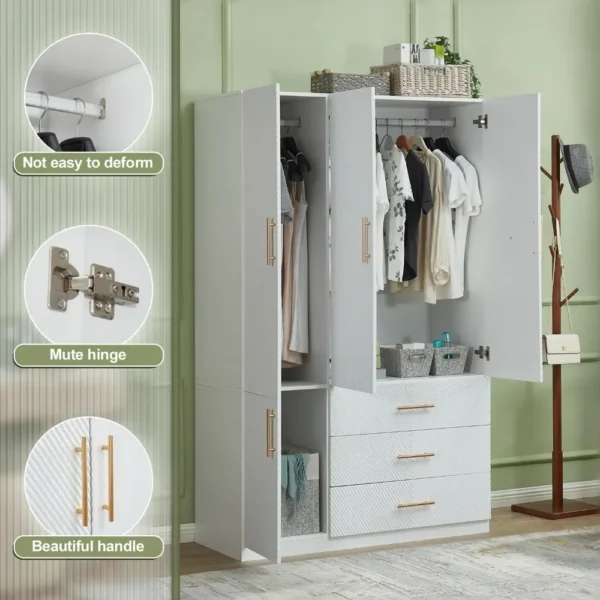 Wooden Wardrobe Storage Cabinet,3 Door 2 Drawers for High Storage Capacity,Tall Cabinet Closet with 3 Shelves and Handles,White - Image 4